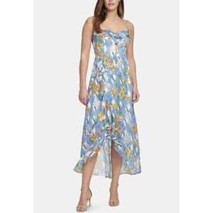 Kensie Women’s Size 8 Printed Ruffle-Trim A-Line Hi-Low Dress Blue